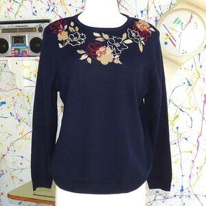 Embroidered Floral Navy Blue Long Sleeve Sweater💚3 for $50